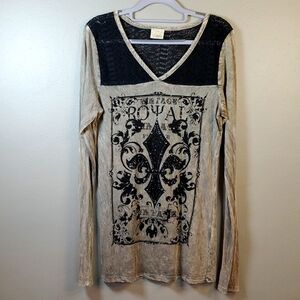 Daytrip long sleeve, vintage tunic shirt. Gray w/black lace and bling. Large